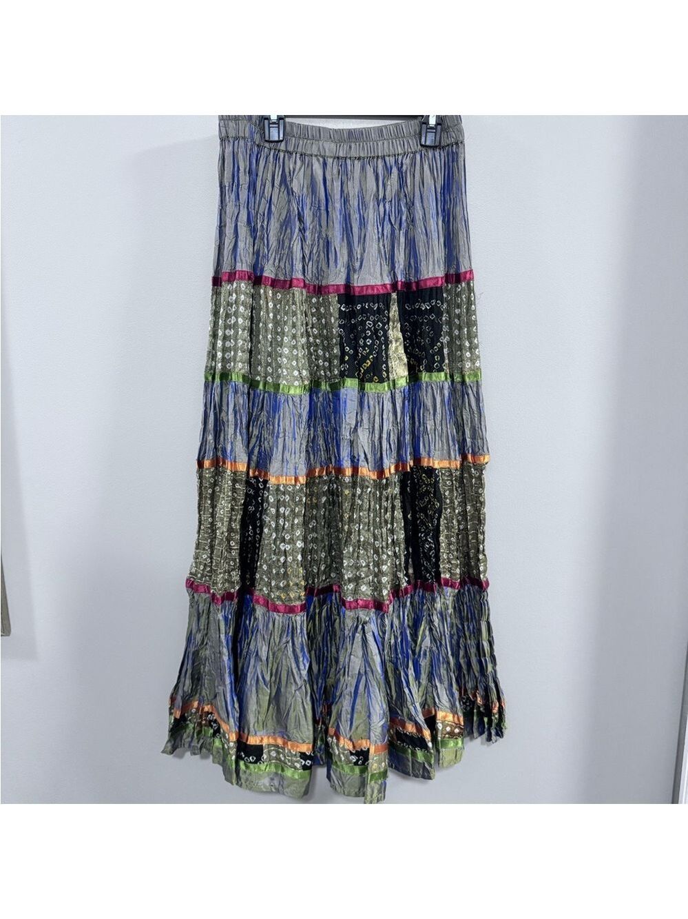 Women's Anii by Natural 100% Silk Bohemian Patchwork Maxi Skirt. Size L